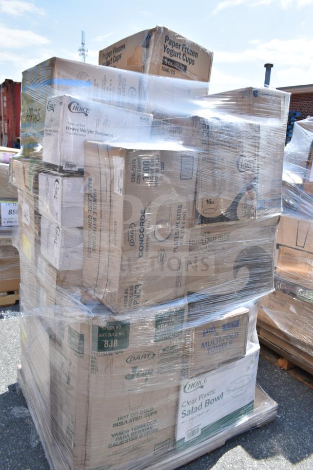 Pallet of brand new scratch and dent items, including foam cups, salad bowls, hot cups, napkins, in original boxes.