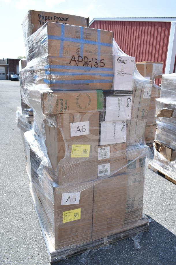 Shrink-wrapped pallet with 29 new scratch and dent items including foam cups, hot cups, salad bowls, and napkins. Visible markings: APR135, A6.