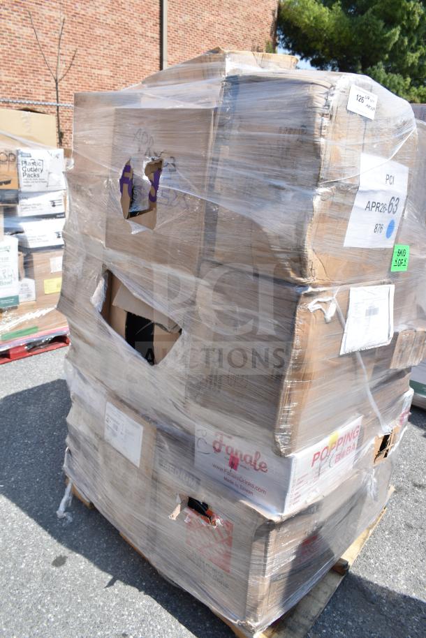 Pallet of 29 new scratch and dent items including bowls, glasses, air filter, and ramekins, wrapped in plastic. Labels APR26-63 visible.