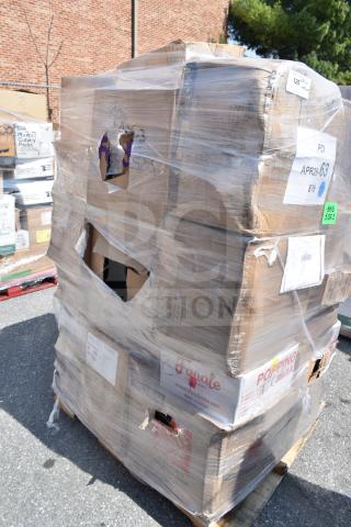 Pallet of 29 new scratch and dent items including bowls, glasses, air filter, and ramekins, wrapped in plastic. Labels APR26-63 visible.