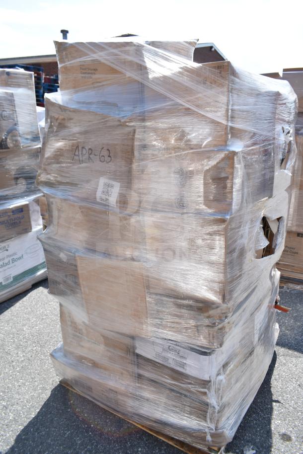 Plastic-wrapped pallet with multiple packages labeled "APR-63," containing scratch and dent bowls, glasses, air filter, ramekins.