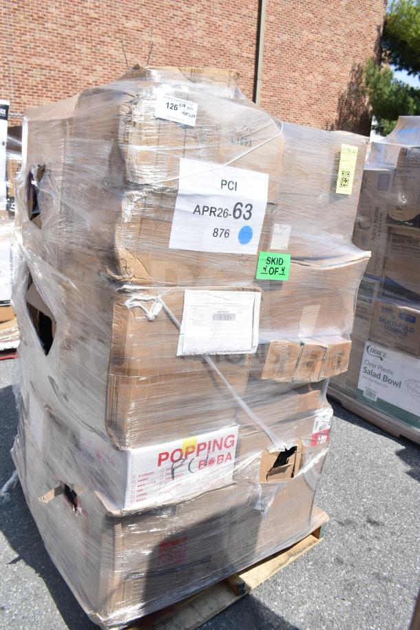 Plastic-wrapped pallet with assorted scratch and dent items including bowls, glasses, and ramekins. Labels show "APR26-63" and "29 times your bid!"