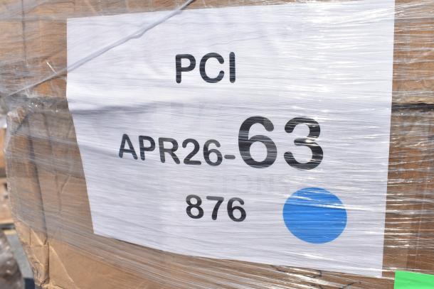 Plastic-wrapped pallet labeled "PCI APR26-63 876" containing 29 brand new scratch and dent items including bowls and glasses.