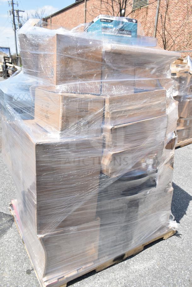 Pallet of 25 brand new scratch and dent items wrapped in plastic, including pastry bags, trash can, and knives.