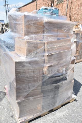 Pallet of 25 brand new scratch and dent items wrapped in plastic, including pastry bags, trash can, and knives.
