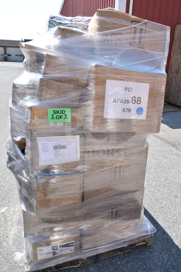 Pallet of 25 brand new scratch and dent items, including pastry bags and knives, wrapped in plastic. Labeled "APR26-68".