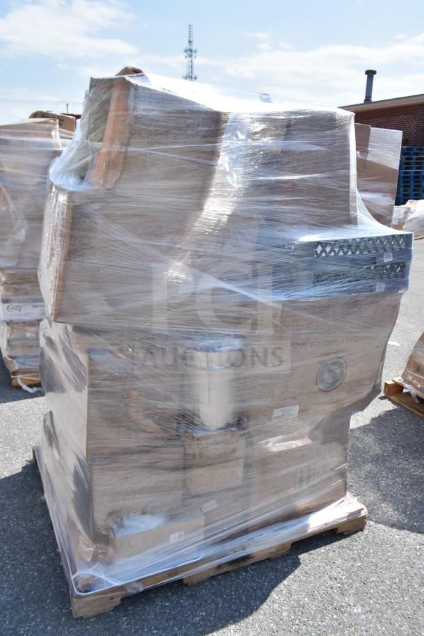 Pallet of 25 scratch and dent items, wrapped in plastic, including pastry bags, trash can, and knives.