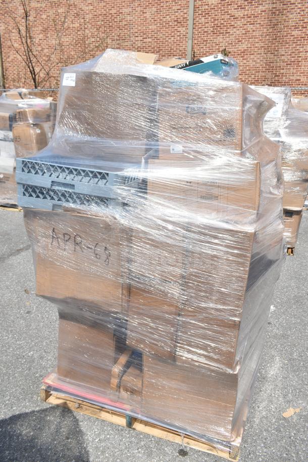Pallet with 25 new scratch-and-dent items, including pastry bags, trash can, knives. Wrapped in plastic, marked APR-68.
