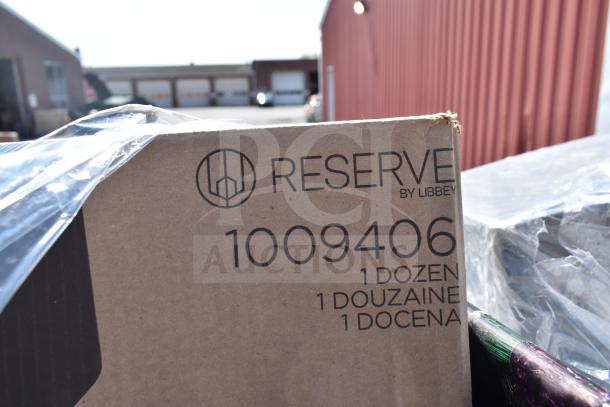 Cardboard box labeled "Reserve by Libbey," model 1009406, containing one dozen items. Box appears in new condition.