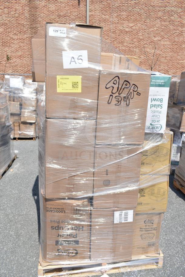 Pallet with 19 new scratch and dent items, including hot cups and clamshells. Visible labels: "APR-134" and "A6."