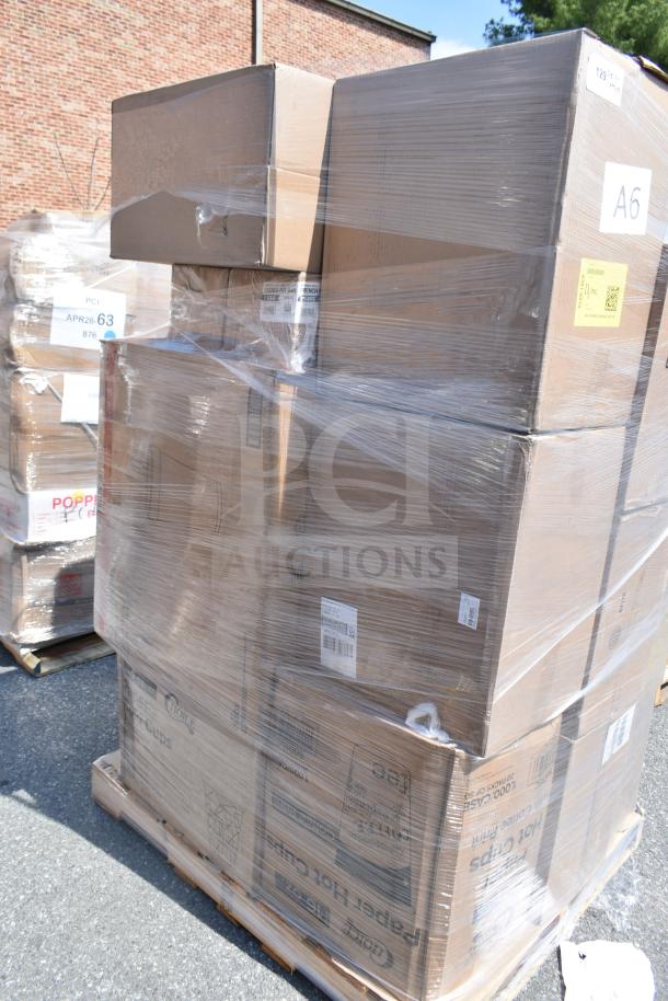 Pallet of brand new scratch and dent items including lids, hot cups, clamshells in boxes, wrapped in plastic, ready for auction.
