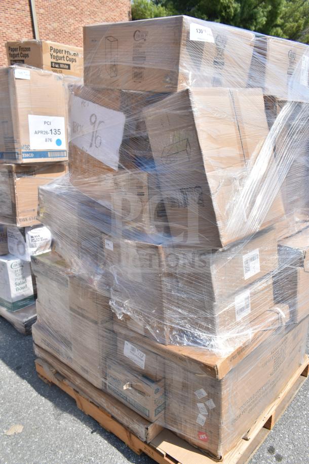 Pallet of 35 new scratch and dent items; include boxes of mixing glasses, plates, towel dispenser. Labels show model APR26-96.