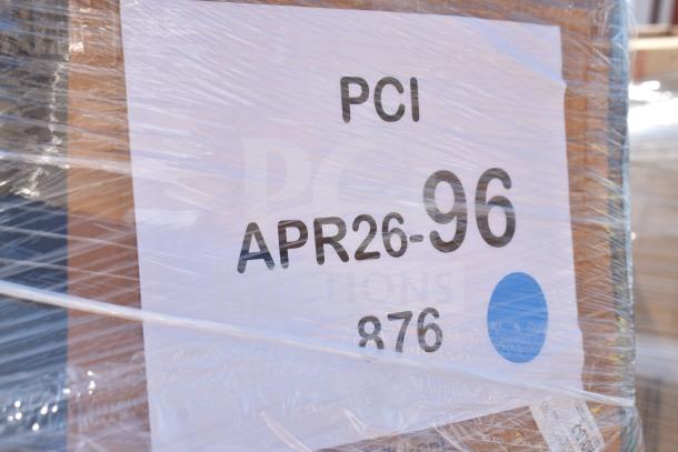 Plastic-wrapped pallet labeled "PCI APR26-96" containing 35 new scratch and dent items: mixing glasses, plates, towel dispenser.