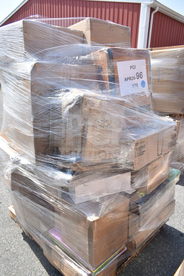 Plastic-wrapped pallet of 35 brand new scratch and dent items, including mixing glasses, plates, towel dispenser. Labels show PCI APR26-96.