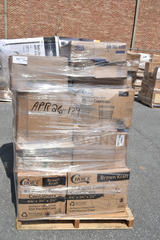 Pallet of assorted scratch and dent items, including trash bags, roll towels, and containers, wrapped in plastic, APR26-139 markings.