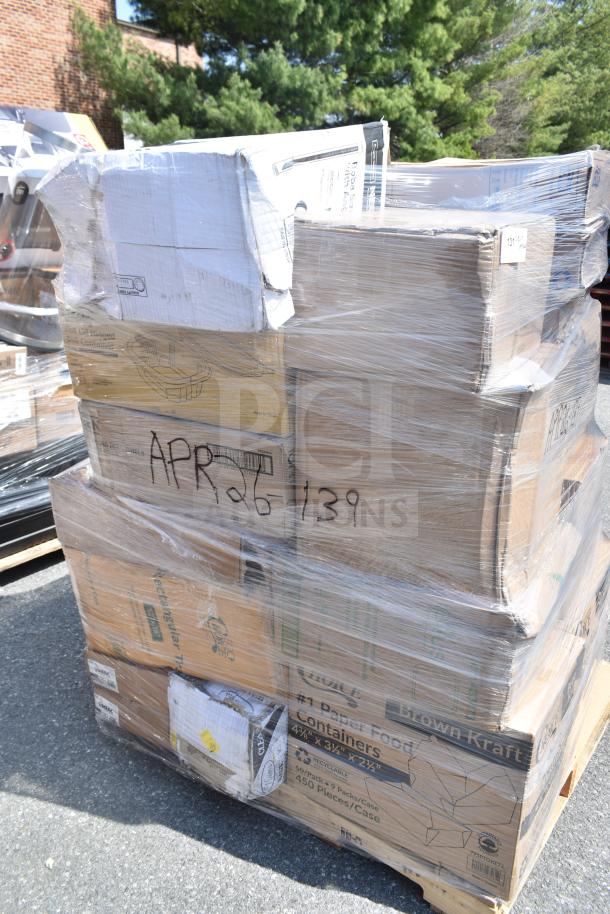 Pallet of new scratch and dent items including trash bags, roll towels, containers, straws, labeled "APR26-139".