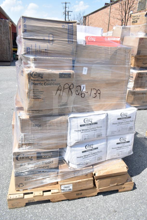 Pallet of 23 new items including trash bags, roll towels, containers, straws, and plastic cups. Boxes show minor dents. Marked "APR26-96".