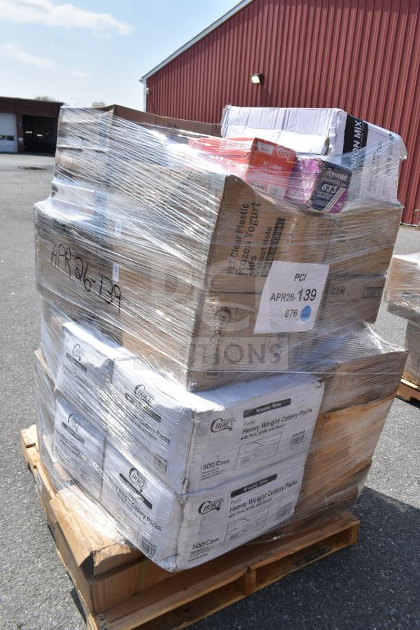 Pallet with 23 brand new scratch and dent items, including trash bags and cutlery packs, shrink-wrapped. Visible label APR26-139.