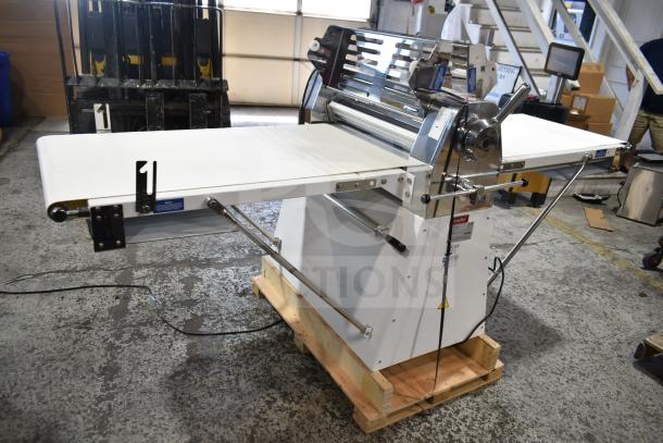 Brand new Estella DSF94 94" reversible dough sheeter, 110V, 1 phase. Minor scratches, stainless steel, on wooden pallet.