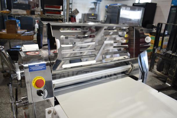 BRAND NEW Estella DSF94 94" Reversible Dough Sheeter, 110V, 1 Phase. Visible emergency stop button and safety markings.