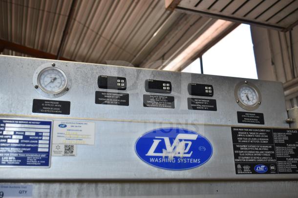 LVO FL14E stainless steel commercial pot and pan washer, front load, 460 volts, 3 phase, with control gauges and labels.