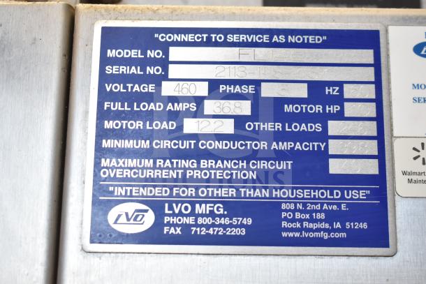 LVO FL14E stainless steel pot and pan washer, 460V, 3-phase, new condition. Label: model FL14E, serial 2113-1118-7357.