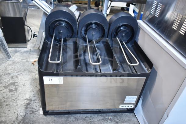 Narvon Commercial Countertop Drink Dispenser Base with three spouts and stainless steel finish. Marked as item 31.