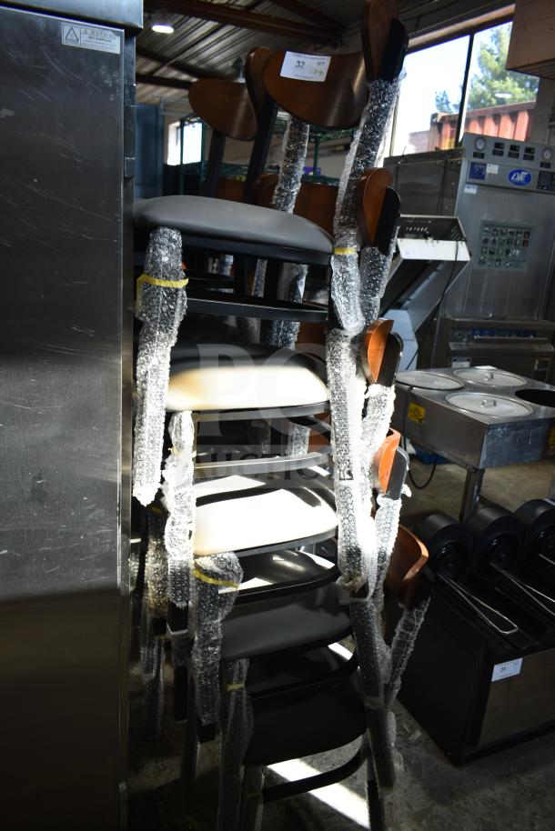 10 new Lancaster chairs, model 164CBMRGBFRN, with wooden backs, gray cushions, metal frames, in original packaging.