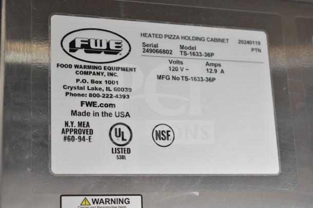 2024 FWE TS-1633-36P commercial heated holding cabinet label, showing model, voltage, and certifications. Made in the USA.