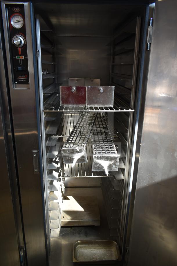 2017 FWE TS-1633-36P heated holding cabinet with adjustable shelves, gauge, and controls; on commercial casters.