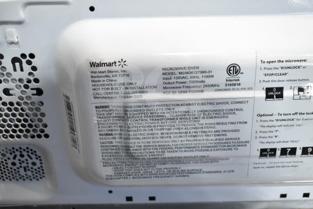 BRAND NEW 2025 Hamilton Beach MS8436127995-01 Microwave Oven. Scratch and dent condition. 120V, 1 Phase. Labels specify specs and warnings.