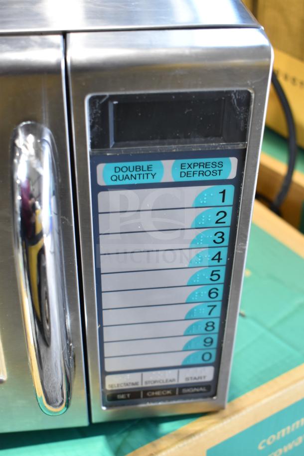 2023 Sharp R-21LVF Commercial Countertop Microwave Oven, stainless steel, keypad with defrost options, 120V, 1-phase.