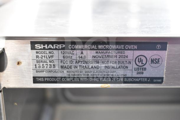 2024 Sharp R-21LVF commercial countertop microwave label, 120V, 60Hz, November 2024 manufacture, UL and NSF listed.
