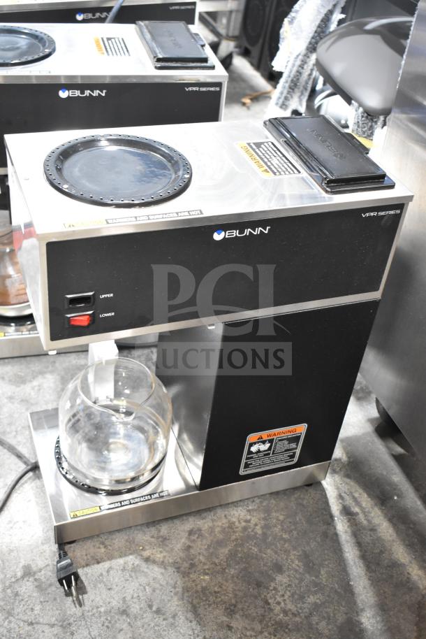 2025 Bunn VPR 33200.0015 Pourover Coffee Brewer with upper and lower warmer, 120V, 1 phase. Black and stainless steel.