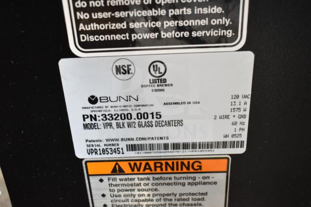 Bunn VPR 33200.0015 Pourover Coffee Brewer label, 120V, 1 Phase, UL and NSF certified. Model VPR with glass decanters.