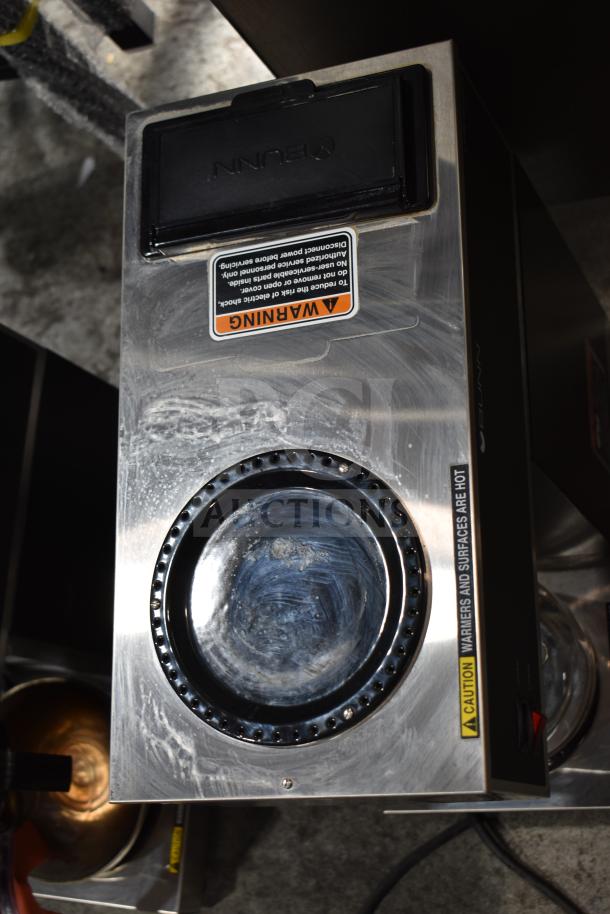 2025 Bunn VPR 33200.0015 coffee brewer, dual warmer, stainless steel, electric 120V, warning label visible.