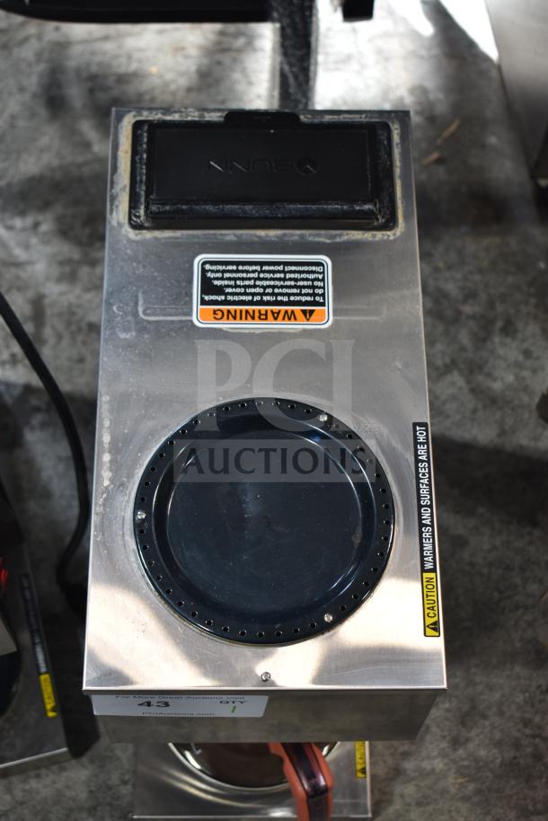 2023 Bunn VPR Pourover Coffee Brewer with one upper and one lower warmer, stainless steel, 120V, visible warning label.