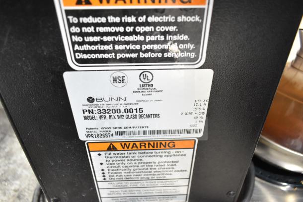 2023 Bunn VPR pourover coffee brewer with 1 upper and 1 lower warmer, model 33200.0015, 120V, 1 Phase. Labels show specifications and warnings.