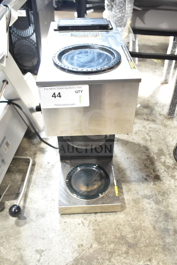 2023 Bunn VPR 33200.0015 pourover coffee brewer with 1 upper, 1 lower warmer. 120V. Stainless steel. Auction label visible.