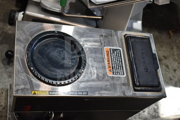 2023 Bunn VPR 33200.0015 Pourover Coffee Brewer with upper/lower warmers. Stainless steel, good condition, visible warning label.