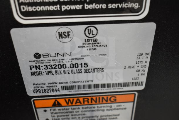 2023 Bunn VPR 33200.0015 Pourover Coffee Brewer label, NSF and UL listed. 120V, 1575W, 1 ph, Serial No. VPR1027044.