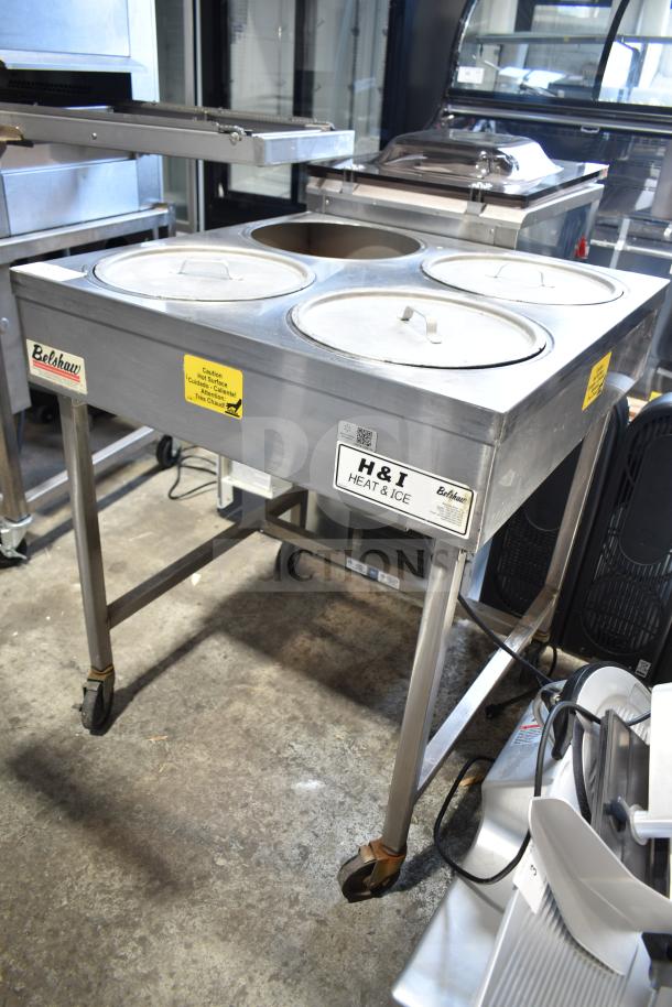 Belshaw H&I Commercial Heat and Ice Icing Station with casters, 208/240V, 1 Phase. Features include labeled controls and sturdy stainless steel.