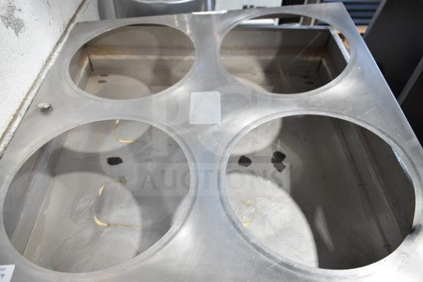 Belshaw H&I Commercial Heat and Ice Icing Station with four circular compartments, stainless steel, on casters, 208V, 1 Phase.