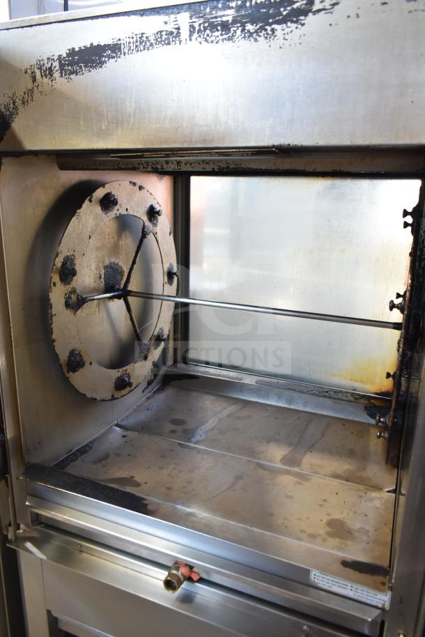 Fri-jado TDR7-P electric rotisserie oven, floor style, on casters, 208V, 3-phase, shows interior wear, commercial use.