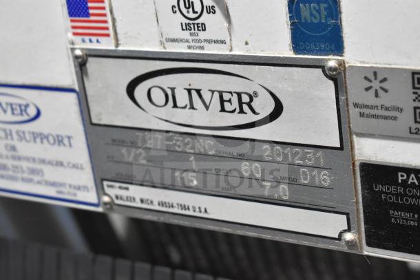 Oliver 797-32NC bread loaf slicer with Pro Guard safety chute, 115V, 1 phase, label showing model, specs, and approvals.