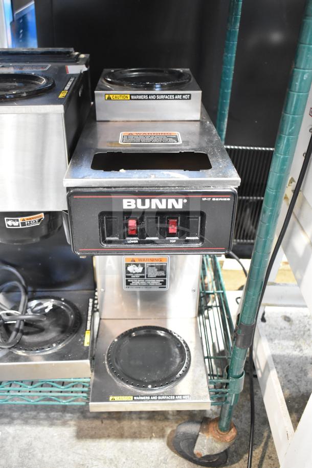Bunn VP17-2 coffee brewer with 2 warmers, model 13300.0002. Features caution labels and power controls. 120V, 1 phase.