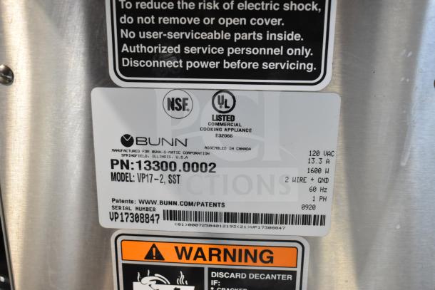 Bunn VP17-2 13300.0002 coffee brewer tag showing model, part number, electrical specs, and safety warnings.