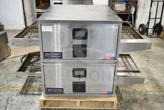 2 2022 Middleby Marshall CTX DZ33T Stainless Steel Commercial Electric Powered Conveyor Pizza Ovens on Commercial Casters. 208 Volts, 3/1 Phase. 2 Times Your Bid! Tested and Working!