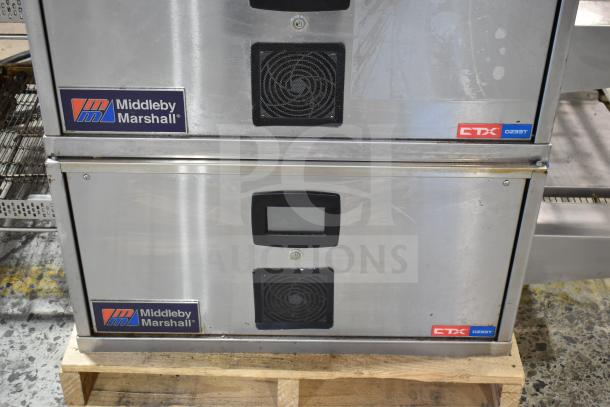 2 Middleby Marshall CTX DZ33T stainless steel conveyor pizza ovens, commercial casters, tested, working, 208V, 3/1 phase.