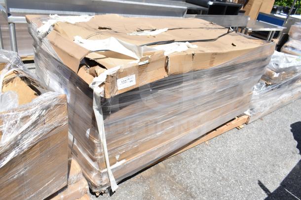 Packaged Lancaster Table & Seating 72" round granite white plastic bi-folding tables with sage gray legs, new with scratch and dent.